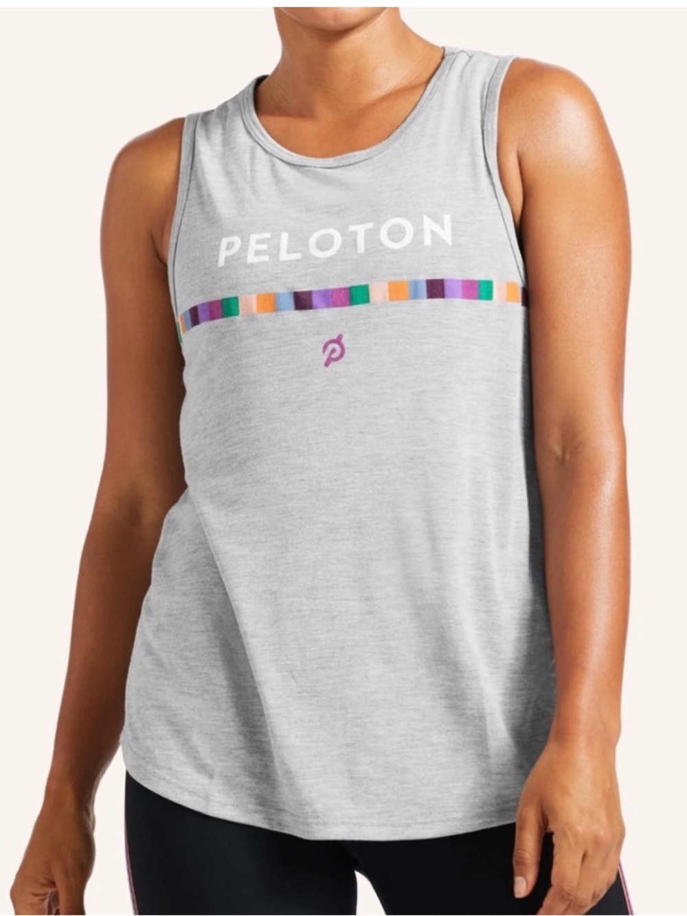 New Peloton Light Gray Back at It Slash Tank Top with Multicolor Stripe Large